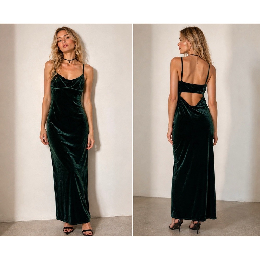 Dark Fairy Whimsigoth Maxi Babydoll Velvet Dress Emerald Green Backless Party M
